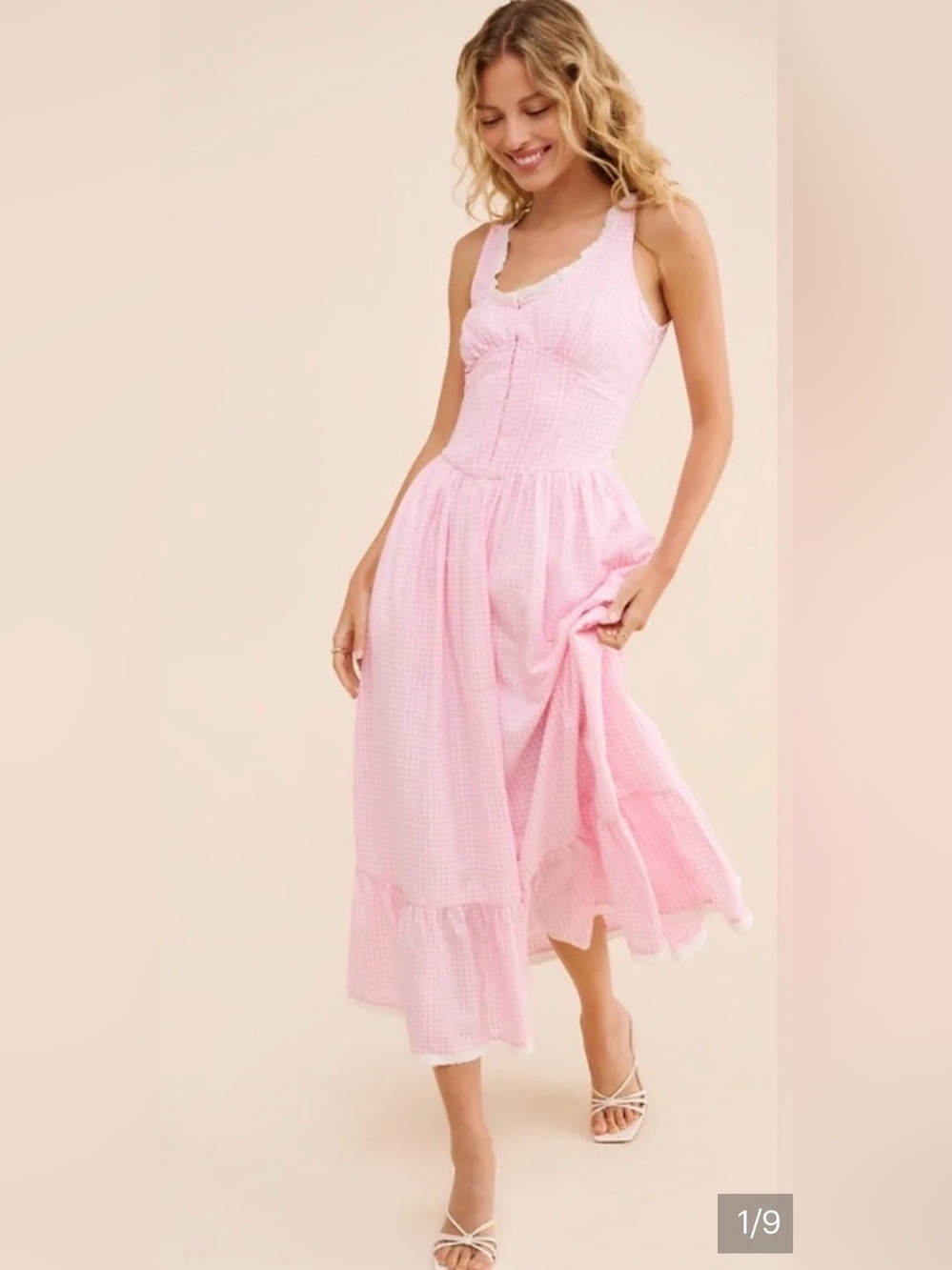 LoveShackFancy Pink Gingham Sleeveless Midi Dress